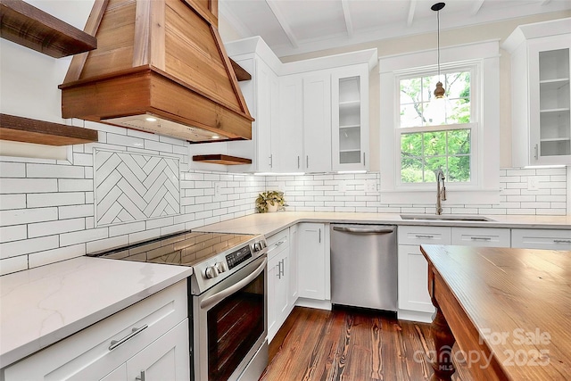 604 Ferguson Ridge Rd, Gastonia, NC 28052 - kitchen featuring appliances with stainless steel finishes, a sink, premium range hood, white cabinetry, and beamed ceiling