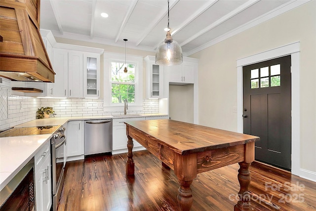 604 Ferguson Ridge Rd, Gastonia, NC 28052 - kitchen featuring appliances with stainless steel finishes, a sink, custom exhaust hood, beamed ceiling, and dark wood-style floors