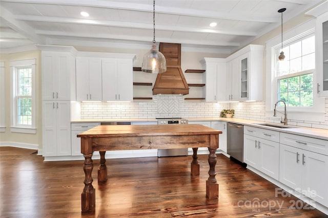 604 Ferguson Ridge Rd, Gastonia, NC 28052 - kitchen with stainless steel appliances, beam ceiling, dark wood finished floors, light countertops, and a sink
