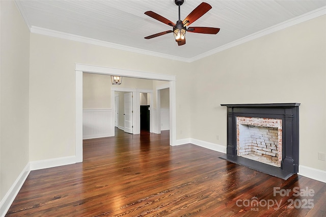 604 Ferguson Ridge Rd, Gastonia, NC 28052 - unfurnished living room with a fireplace, ceiling fan, wood finished floors, and crown molding