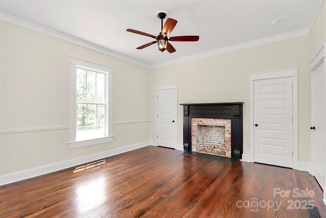 604 Ferguson Ridge Rd, Gastonia, NC 28052 - unfurnished living room with a stone fireplace, a ceiling fan, dark wood finished floors, crown molding, and baseboards