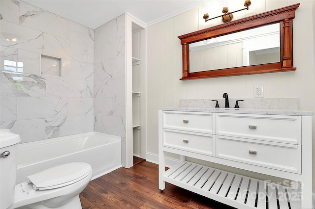 604 Ferguson Ridge Rd, Gastonia, NC 28052 - bathroom with toilet, vanity, wood finished floors, and tub / shower combination