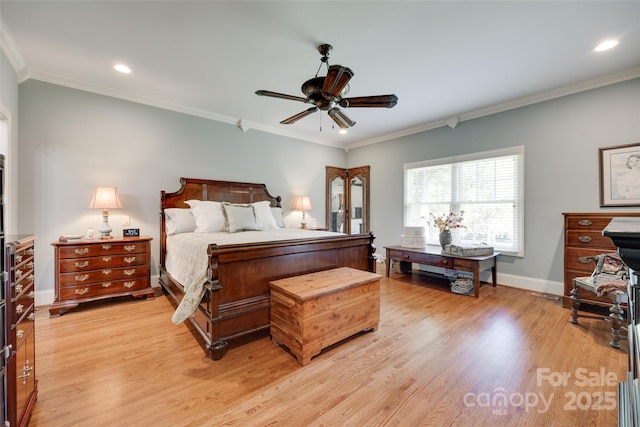 103 3rd St SW, Catawba, NC 28609 - bedroom featuring light wood finished floors, recessed lighting, ornamental molding, and a ceiling fan