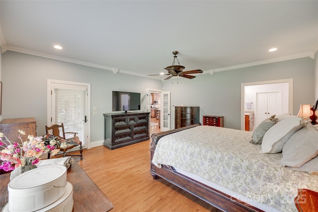 103 3rd St SW, Catawba, NC 28609 - bedroom with crown molding, light wood-type flooring, recessed lighting, ceiling fan, and ensuite bathroom