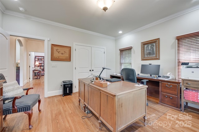 103 3rd St SW, Catawba, NC 28609 - office with crown molding, light wood finished floors, arched walkways, and recessed lighting