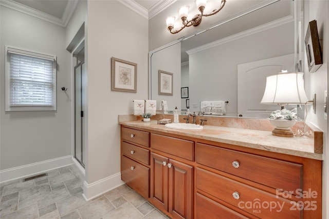 103 3rd St SW, Catawba, NC 28609 - bathroom with vanity, stone finish floors, a stall shower, and ornamental molding
