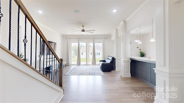 7651 Fenn Way, Fort Mill, SC 29707 - entryway with ceiling fan, light wood-type flooring, stairs, recessed lighting, and ornate columns