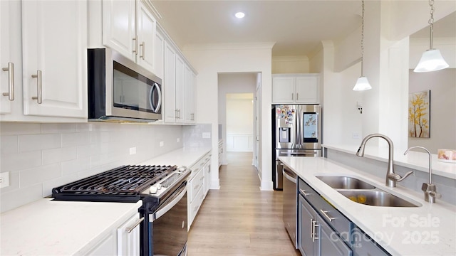7651 Fenn Way, Fort Mill, SC 29707 - kitchen featuring appliances with stainless steel finishes, a sink, white cabinetry, light countertops, and ornamental molding