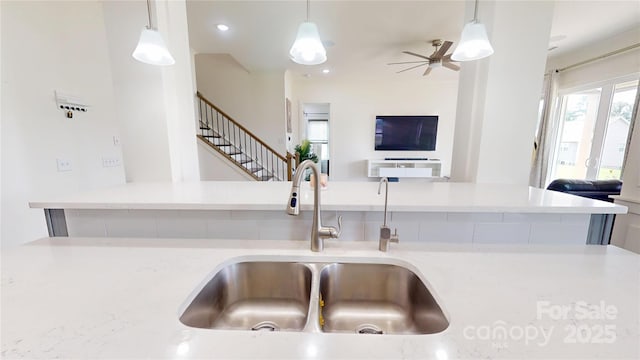 7651 Fenn Way, Fort Mill, SC 29707 - kitchen with open floor plan, a sink, pendant lighting, ceiling fan, and recessed lighting