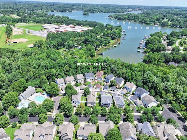 187 Water Oak Dr, Mooresville, NC 28117 - aerial perspective of suburban area featuring a large body of water and a heavily wooded area