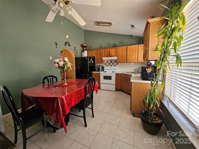 501 N Johnson St, Monroe, NC 28112 - kitchen with electric range, black fridge with ice dispenser, vaulted ceiling, light countertops, and light marble finish flooring