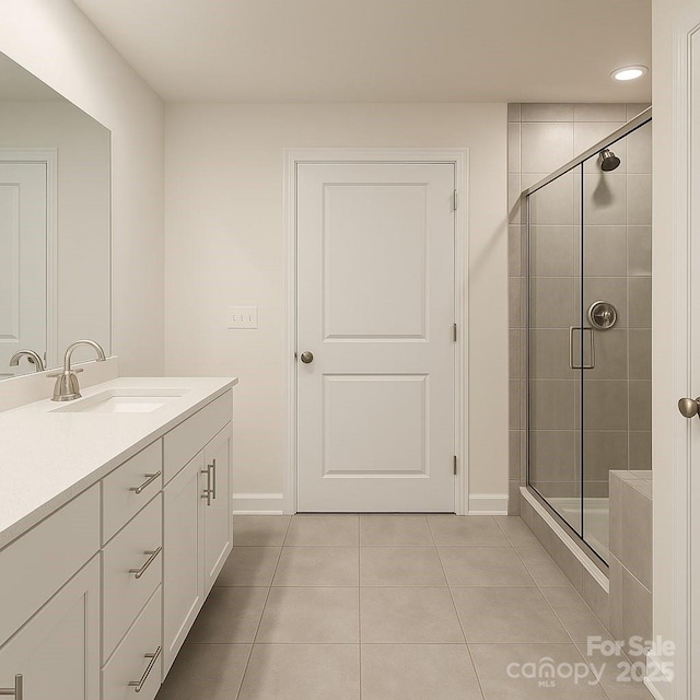 3833 Crossbane St, Kannapolis, NC 28081 - bathroom with tile patterned floors, vanity, a stall shower, baseboards, and recessed lighting