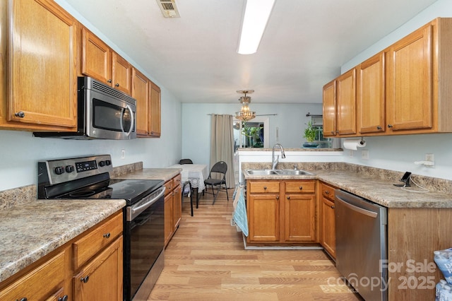 10816 Pointer Ridge Dr, Charlotte, NC 28214 - kitchen with appliances with stainless steel finishes, a sink, a peninsula, light wood-style flooring, and light countertops