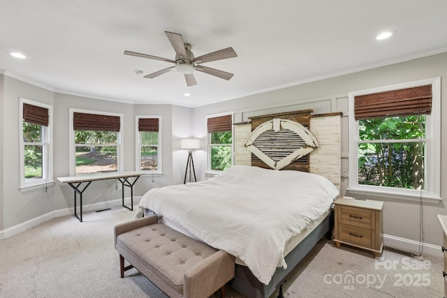 10311 Windtree Ln, Charlotte, NC 28215 - bedroom with baseboards, recessed lighting, light colored carpet, crown molding, and ceiling fan
