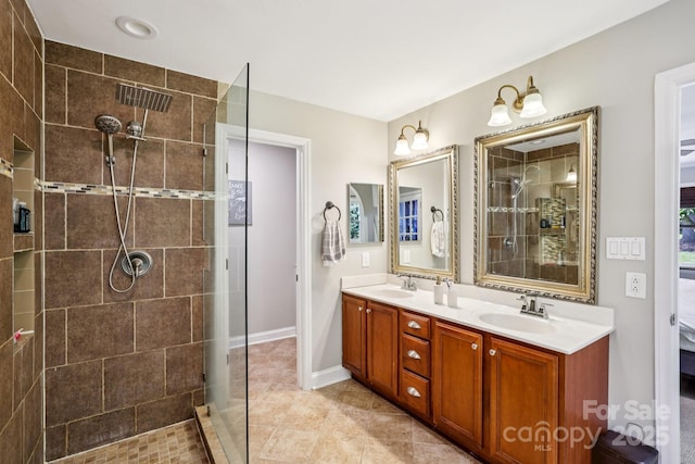 10311 Windtree Ln, Charlotte, NC 28215 - full bathroom with tiled shower, connected bathroom, double vanity, and tile patterned flooring