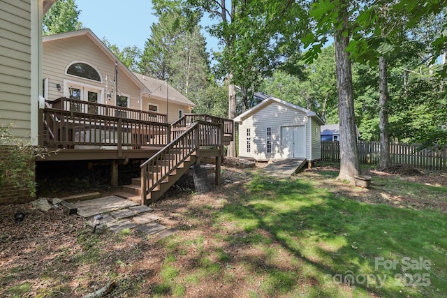 10311 Windtree Ln, Charlotte, NC 28215 - view of yard featuring a wooden deck, an outdoor structure, and stairway