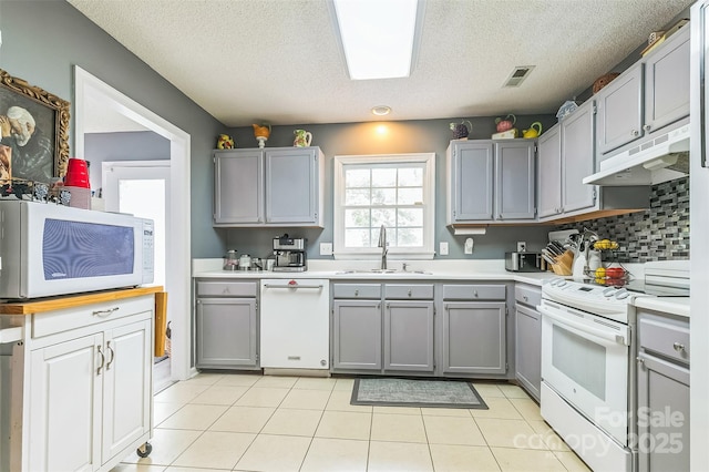 60 Southchase Dr, Fletcher, NC 28732 - kitchen with white appliances, gray cabinets, under cabinet range hood, a sink, and light countertops