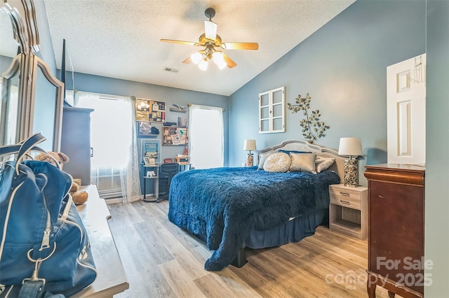 60 Southchase Dr, Fletcher, NC 28732 - bedroom featuring lofted ceiling, multiple windows, a textured ceiling, light wood-style flooring, and a ceiling fan