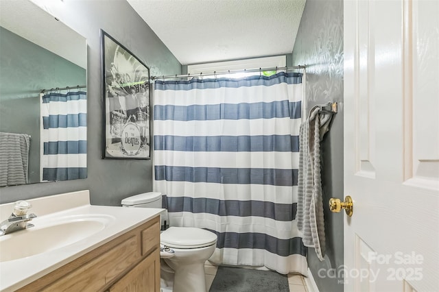 60 Southchase Dr, Fletcher, NC 28732 - bathroom with toilet, vanity, a textured ceiling, tile patterned floors, and a shower with curtain