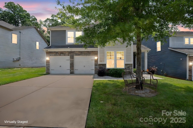 10012 Michael Crossing Dr, Charlotte, NC 28213 - view of property hidden behind natural elements with an attached garage, concrete driveway, a front yard, and stone siding