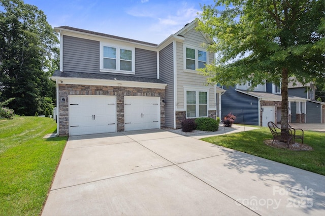 10012 Michael Crossing Dr, Charlotte, NC 28213 - view of front of home featuring an attached garage, concrete driveway, a front lawn, and stone siding