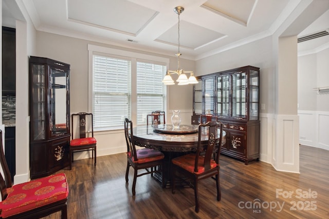 10012 Michael Crossing Dr, Charlotte, NC 28213 - dining room with dark wood finished floors, plenty of natural light, coffered ceiling, ornamental molding, and wainscoting
