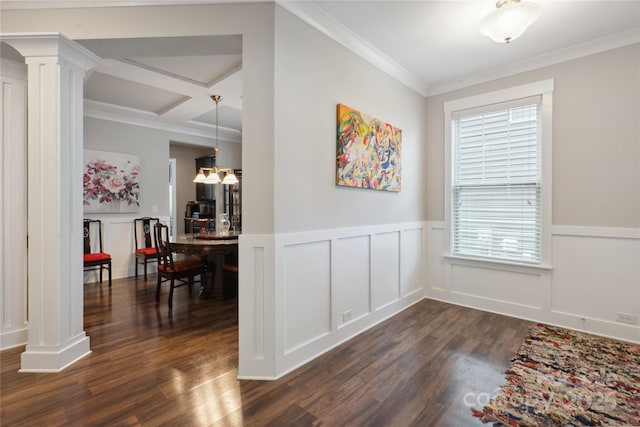 10012 Michael Crossing Dr, Charlotte, NC 28213 - dining space with ornate columns, plenty of natural light, dark wood-style flooring, crown molding, and a wainscoted wall