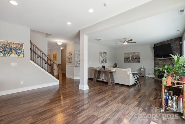 10012 Michael Crossing Dr, Charlotte, NC 28213 - living room with ceiling fan, wood finished floors, recessed lighting, stairway, and baseboards
