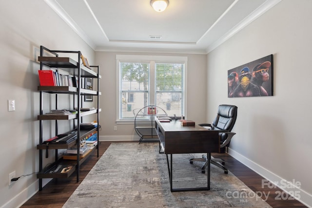 10012 Michael Crossing Dr, Charlotte, NC 28213 - office space with dark wood-style flooring, baseboards, a tray ceiling, and crown molding