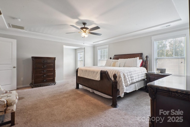 10012 Michael Crossing Dr, Charlotte, NC 28213 - bedroom featuring a tray ceiling, multiple windows, carpet flooring, crown molding, and a ceiling fan