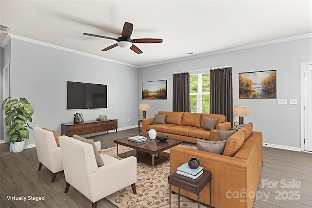 8400 Empress Ct, Charlotte, NC 28227 - living area featuring wood finished floors, baseboards, crown molding, and ceiling fan