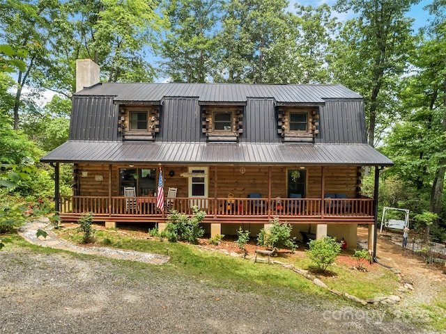 252 Idylwild Ln, Black Mountain, NC 28711 - log home with log siding, a chimney, covered porch, and a metal roof