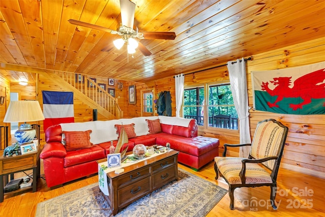 252 Idylwild Ln, Black Mountain, NC 28711 - living room with wood ceiling, wood walls, ceiling fan, wood finished floors, and stairs