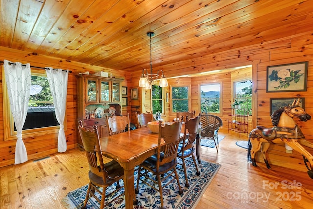 252 Idylwild Ln, Black Mountain, NC 28711 - dining space featuring light wood-style floors, wooden walls, wooden ceiling, and a chandelier