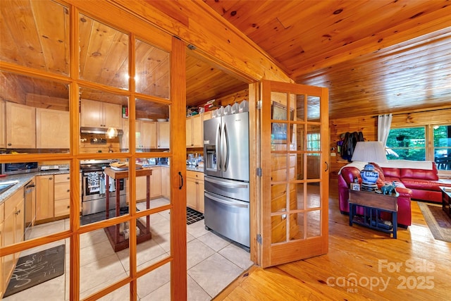 252 Idylwild Ln, Black Mountain, NC 28711 - kitchen with appliances with stainless steel finishes, wooden ceiling, under cabinet range hood, light wood-style floors, and open floor plan