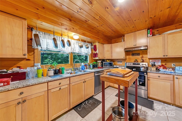 252 Idylwild Ln, Black Mountain, NC 28711 - kitchen featuring appliances with stainless steel finishes, light brown cabinets, under cabinet range hood, light tile patterned floors, and wooden ceiling