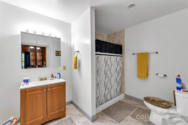 252 Idylwild Ln, Black Mountain, NC 28711 - full bathroom with marble look tile flooring, vanity, and a shower with shower curtain