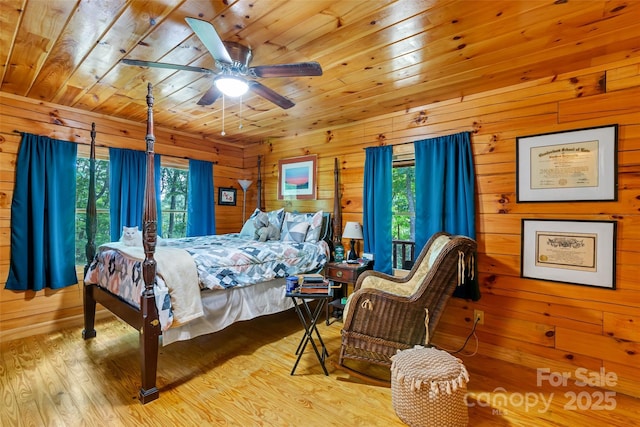 252 Idylwild Ln, Black Mountain, NC 28711 - bedroom featuring wooden ceiling, wood walls, wood finished floors, and a ceiling fan