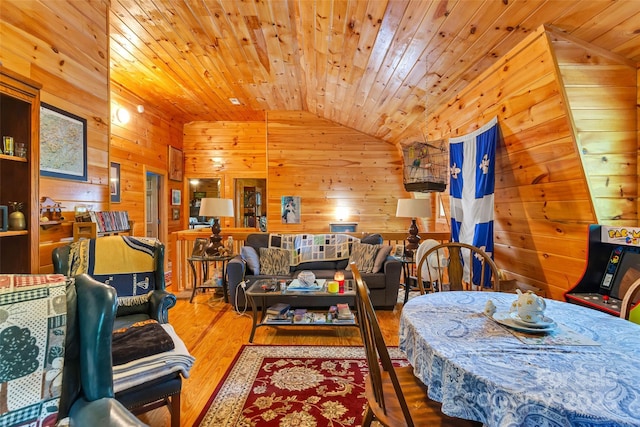 252 Idylwild Ln, Black Mountain, NC 28711 - living room with lofted ceiling, wooden walls, wood finished floors, and wood ceiling