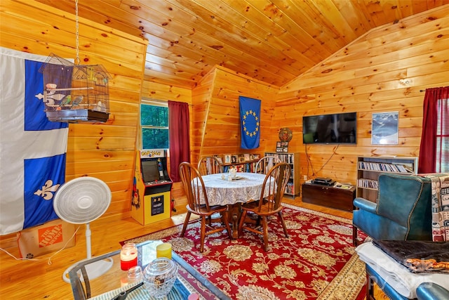 252 Idylwild Ln, Black Mountain, NC 28711 - dining room with vaulted ceiling, wood finished floors, wood ceiling, and wooden walls