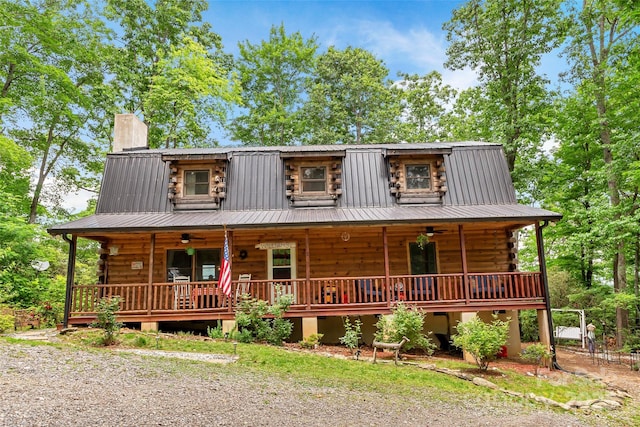 252 Idylwild Ln, Black Mountain, NC 28711 - log home featuring a chimney, a ceiling fan, log exterior, and a porch