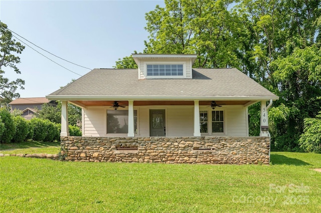 540 Fairview Rd, Asheville, NC 28803 - view of front facade featuring a ceiling fan, a front lawn, and stone siding