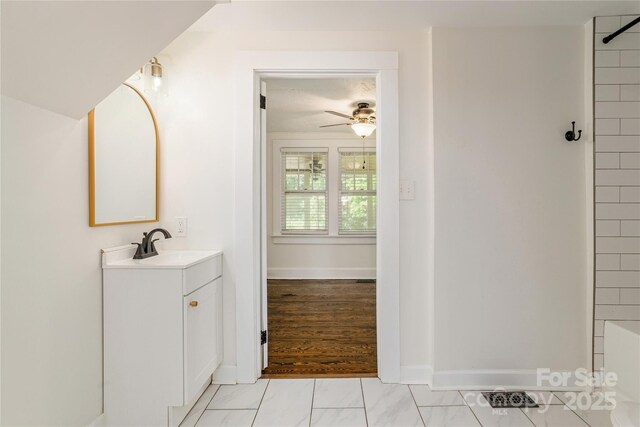 540 Fairview Rd, Asheville, NC 28803 - full bath with vanity, ceiling fan, a shower, and baseboards