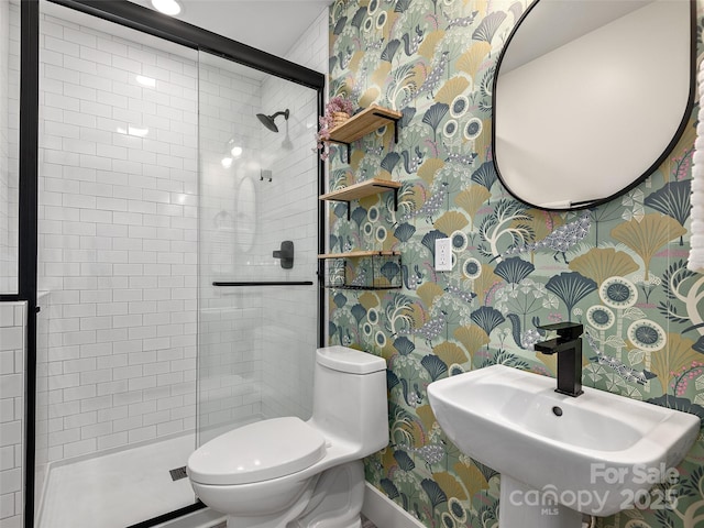 31 Rory Phillips Vw, Candler, NC 28715 - full bathroom with toilet, a sink, a shower stall, wallpapered walls, and baseboards