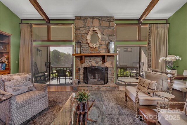 55 Toxaway Shrs Unit 14, Lake Toxaway, NC 28747 - living area with a fireplace and beamed ceiling