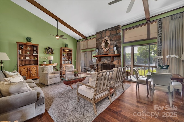 55 Toxaway Shrs Unit 14, Lake Toxaway, NC 28747 - living room with a ceiling fan, beam ceiling, wood finished floors, high vaulted ceiling, and a fireplace