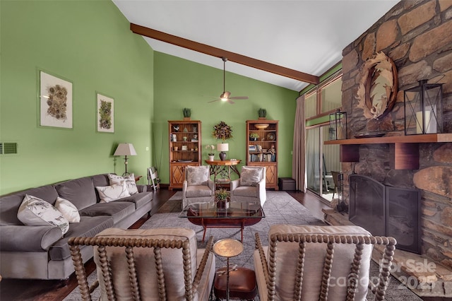 55 Toxaway Shrs Unit 14, Lake Toxaway, NC 28747 - living area featuring a fireplace, wood finished floors, a ceiling fan, beam ceiling, and high vaulted ceiling