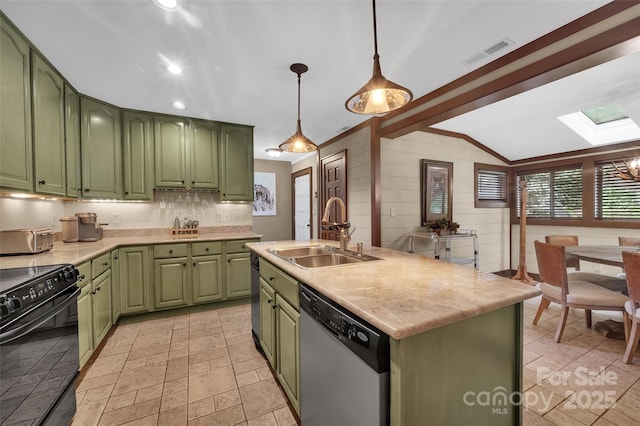 55 Toxaway Shrs Unit 14, Lake Toxaway, NC 28747 - kitchen with green cabinetry, stainless steel dishwasher, black range with electric stovetop, a skylight, and vaulted ceiling