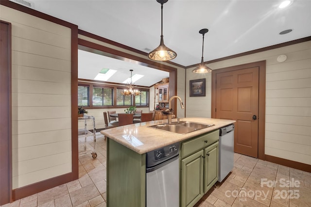 55 Toxaway Shrs Unit 14, Lake Toxaway, NC 28747 - kitchen featuring green cabinets, stainless steel dishwasher, light countertops, a chandelier, and a kitchen island with sink