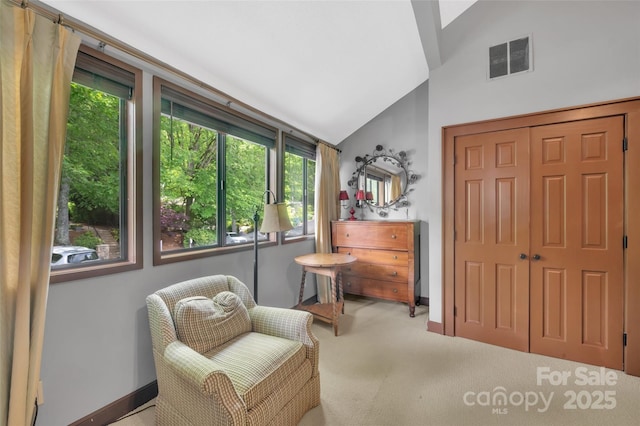 55 Toxaway Shrs Unit 14, Lake Toxaway, NC 28747 - living area featuring plenty of natural light, lofted ceiling, and carpet floors